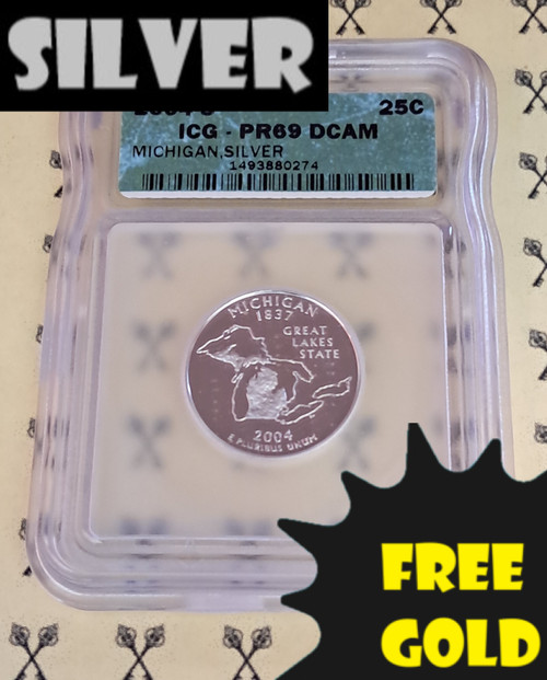 2004-S Michigan SILVER State Quarter ICG PR 69 DCam with silver and free gold labels