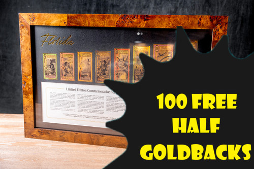 2025 Florida Alpha Commemorative Frame with 100 free half goldbacks label