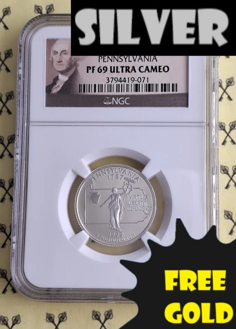 2000-S Pennsylvania SILVER Quarter NGC PF 69 with silver & free gold labels