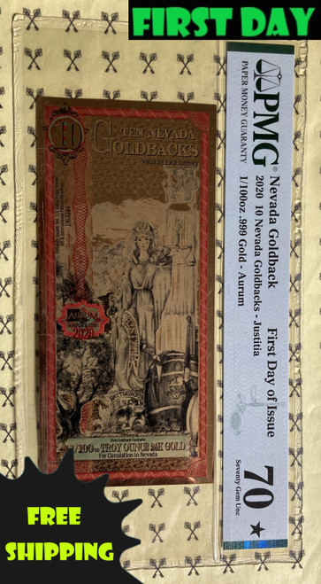 2020 Nevada 10 Goldback PERFECT PMG 70 with First Day and free shipping labels