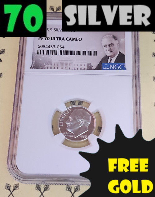 1995-S Roosevelt SILVER Dime NGC PR 70 Ultra Cameo with 70, silver and free gold labels