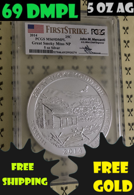 2014 Smoky Mountains 5 Oz SILVER Quarter PCGS MS 69 DMPL FS Mercanti with free 69 DMPL, 5 OZ AG & free gold and shipping labels
