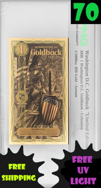 2026 Washington D.C. Colorized 1 Goldback Limited Edition PMG 70 with 70 and free uv light & shipping labels