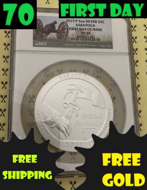 2015 Saratoga 5 Oz SILVER Quarter NGC SP 70 with 70, first day & free gold and shipping labels