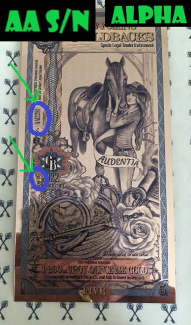 2022 Wyoming 5 Goldback with Alpha & AA S/N labels