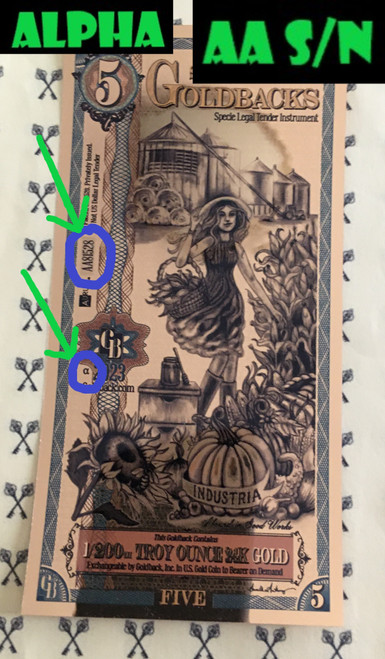 2023 South Dakota 5 Goldback with Alpha and AA S/N labels