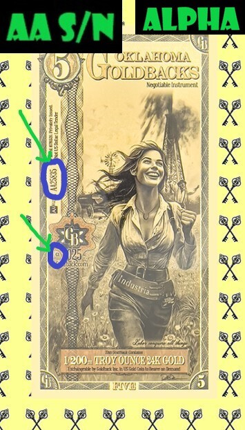2025 Oklahoma 5 Goldback Alpha with AA and Alpha circled with AA S/N and Alpha labels
