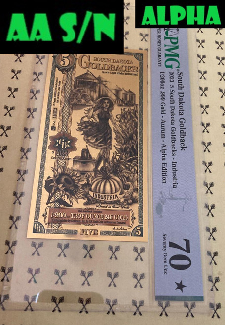 2023 South Dakota 5 Goldback Alpha PMG 70 with AA S/N and Alpha labels