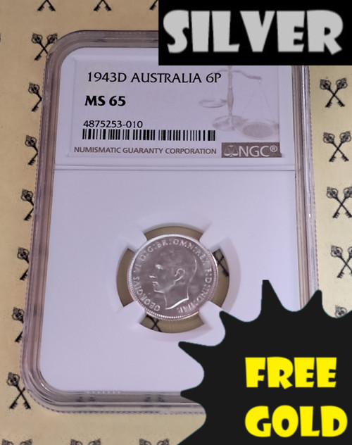 1943-D Australia 6 Pence NGC MS 65 with silver and free gold labels