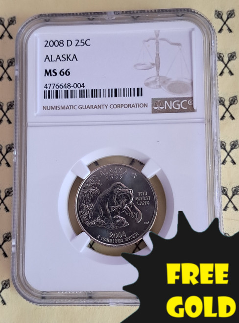 2008-D Alaska Statehood Quarter NGC MS 66 with free gold label