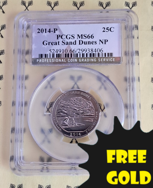 2014 Sand Dunes ATB Quarter PCGS MS 66 with Free Gold label