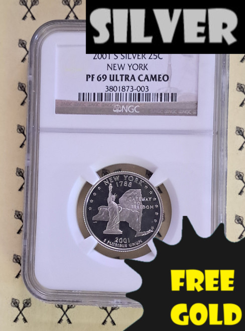 2001-S New York SILVER Quarter NGC PF 69 with Silver and free Gold labels