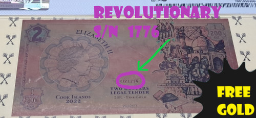 2022 Restitution - Threads of Light Cook Is. $2 GOLD note PMG 70 with circled OZ1776 S/N and free gold label