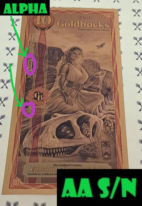 2026 Utah 10 Goldback Alpha with circled and labeled Alpha and AA
