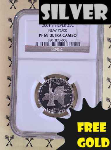 2001-S New York SILVER Quarter NGC PF 69 $25 VALUE with FREE 1/4