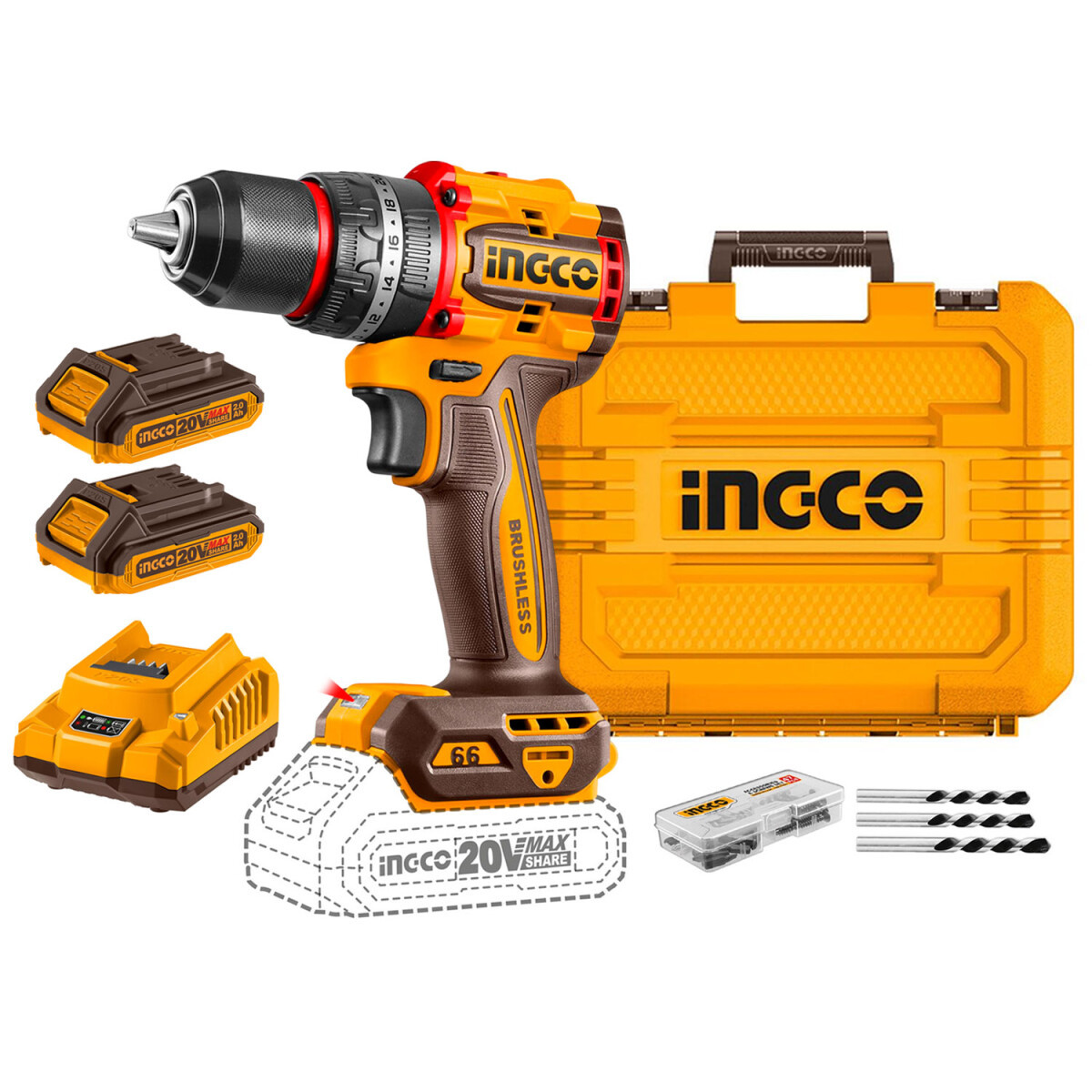 INGCO Compact Brushless Cordless Drill 13Mm+Angle Grinder 960W