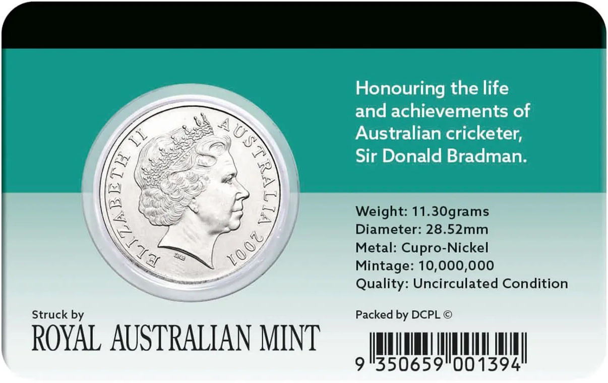 2001 20c Australian Sporting Legends Sir Donald Bradman UNC Coin Town