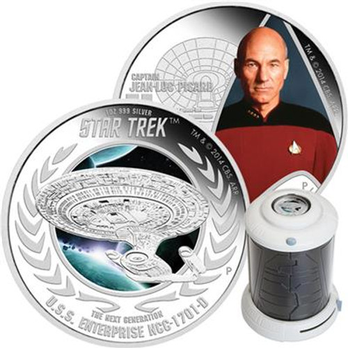 Tuvalu 2015 $1 Star Trek Captain Jean-Luc Picard and USS Enterprise  NCC-1701-D 1oz Silver Coloured Proof 2 Coin Set