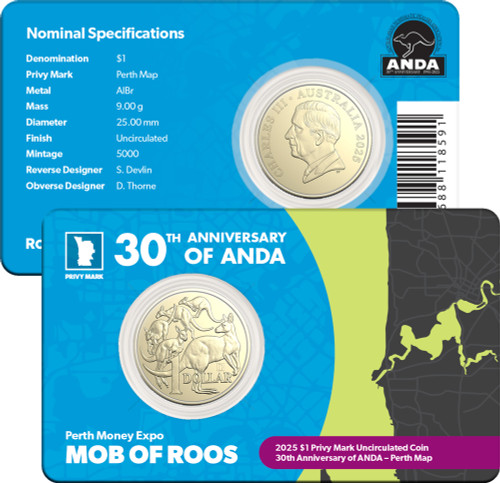2025 $1 ANDA Perth 30th Anniversary of ANDA Perth Map Privy Mark Uncirculated Coin 2025 $1 ANDA Perth 30th Anniversary of ANDA Perth Map Privy Mark Uncirculated Coin