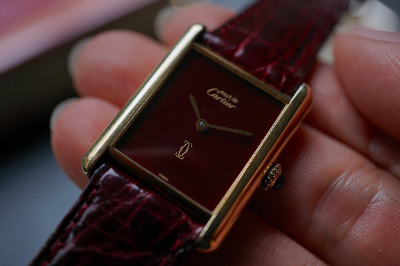 Cartier Tank Must Burgundy 925 Vermeil Silver 23mm 1990s
