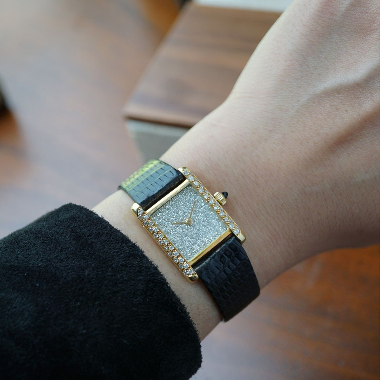 Bueche Girod Diamond Tank 18k Gold Pave Dial 1970s