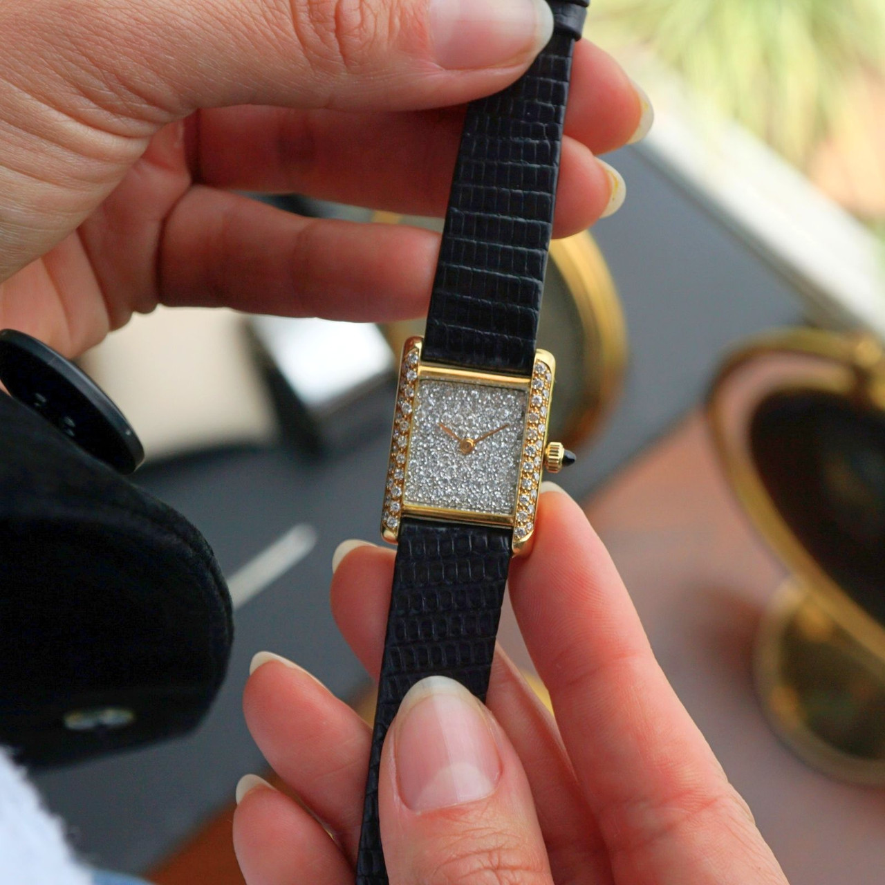 Bueche Girod Diamond Tank 18k Gold Pave Dial 1970s