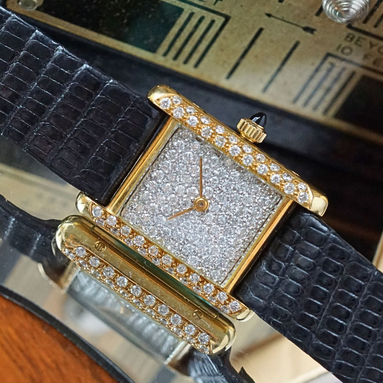 Bueche Girod Diamond Tank 18k Gold Pave Dial 1970s