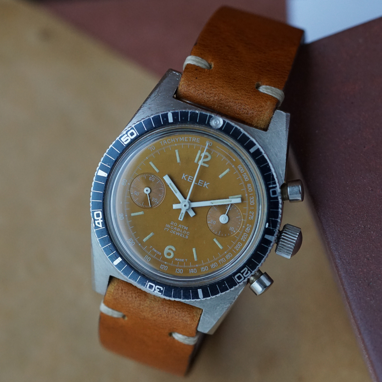 ⚙︎1970s vintage⚙︎120 × 82cm　トルクメン　テケギュル Kelek Divers Chronograph Chocolate Tropical Dial Steel 20 ATM