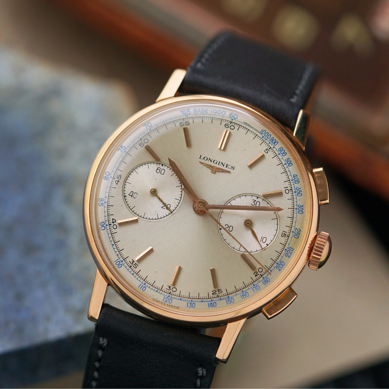 Longines 18k Rose Gold 7414 Chronograph 30CH Flyback with Box c. 1962