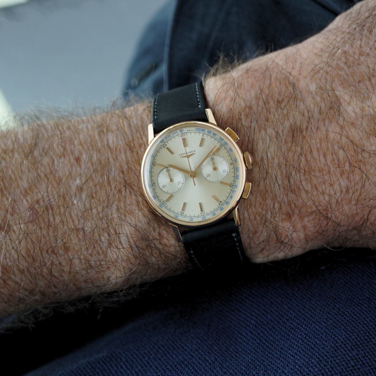 Longines 18k Rose Gold 7414 Chronograph 30CH Flyback with Box c. 1962