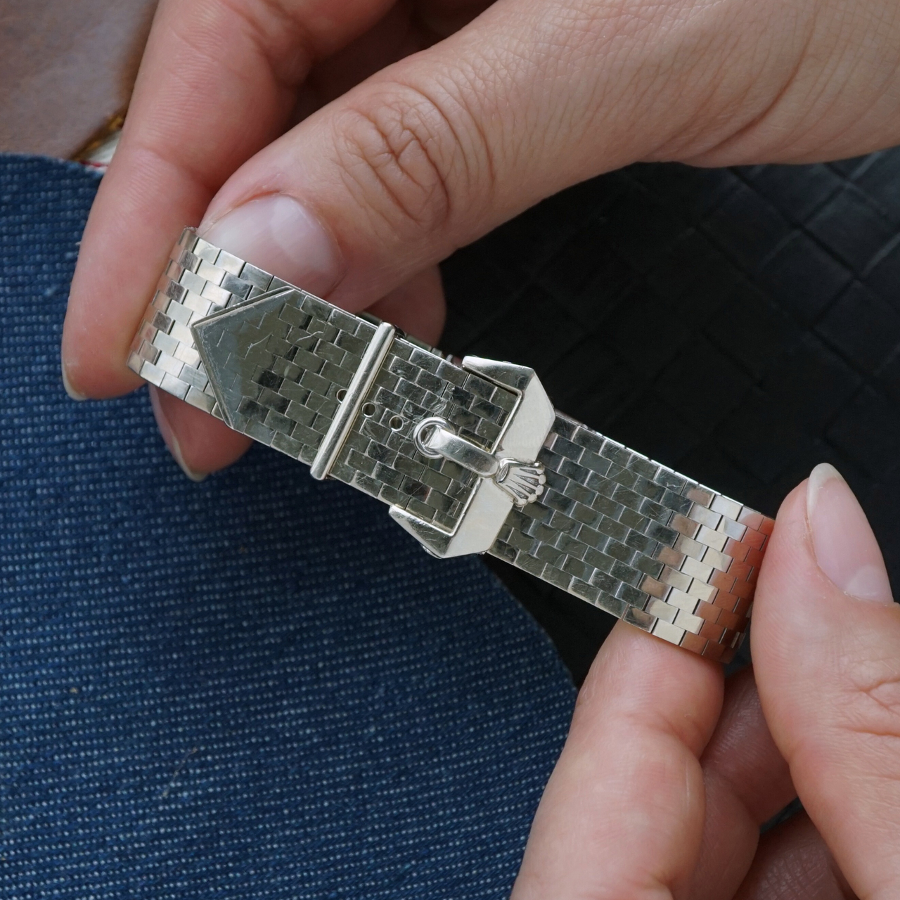 Rolex 1960s Belt Buckle 18k White Gold Bracelet 9634 Women's Watch