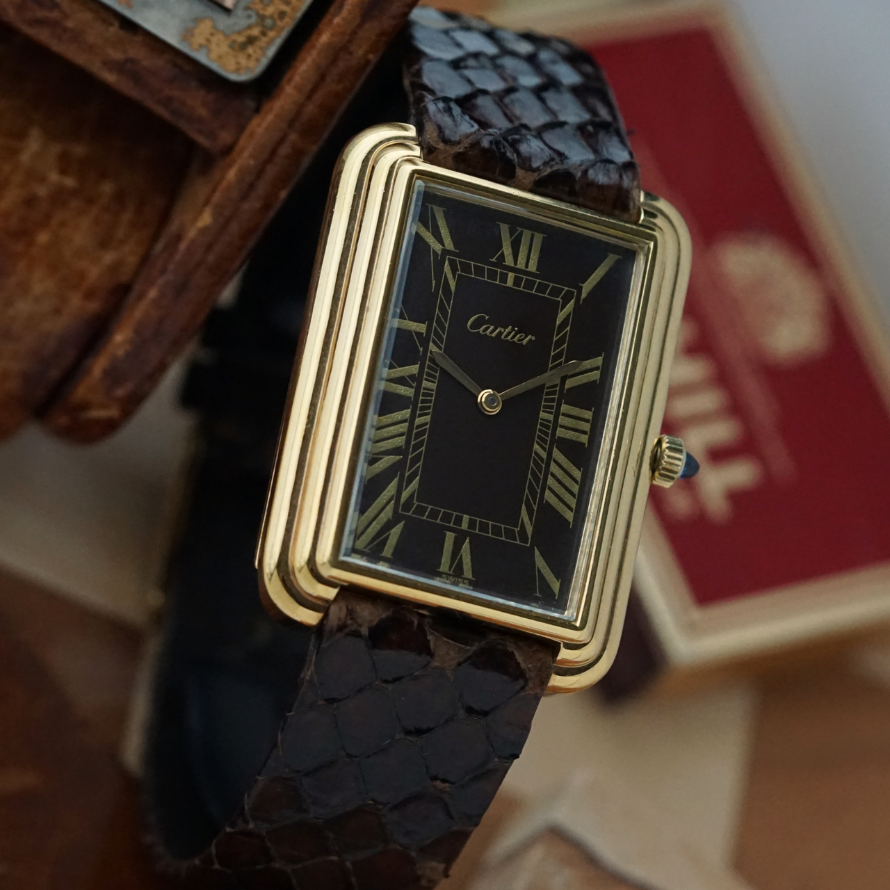 Cartier 1970s Jumbo Stepped Tank Brown Dial London Ref. 471 Gold