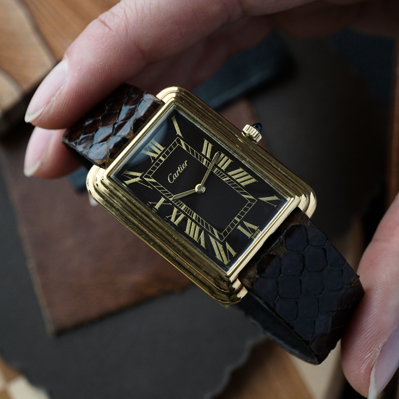Cartier 1970s Jumbo Stepped Tank Brown Dial London Ref. 471 Gold