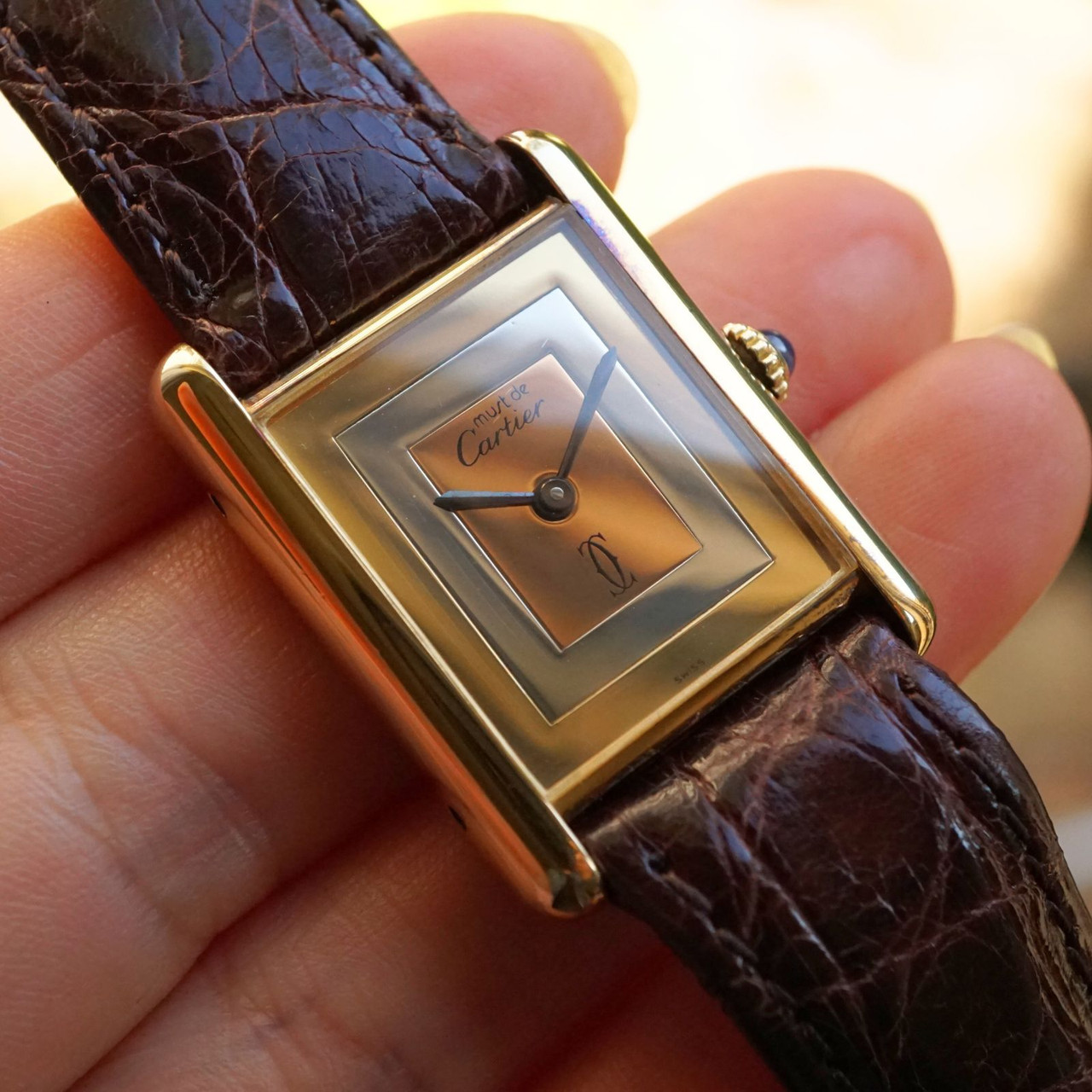 Cartier Tank vermeil silver watch dates 1970's tri-color dial