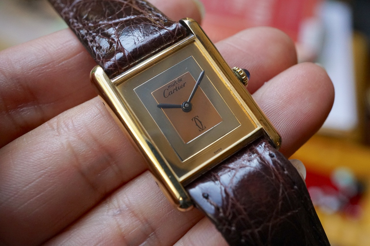 Cartier Tank vermeil silver watch dates 1970's tri-color dial