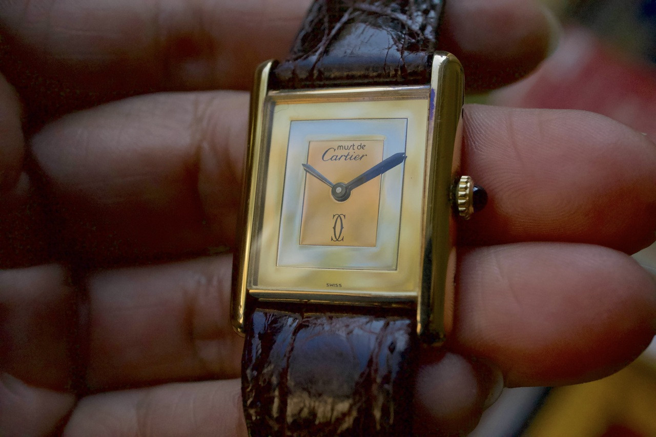 Cartier Tank vermeil silver watch dates 1970's tri-color dial