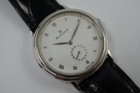 BRAND:                            Blancpain

MODEL:                            Villeret

CASE MATERIAL:            Platinum

CASE MEASURES:          34 x 38 mm

MOVEMENT:                     Automatic

FUNCTIONS:                    Time and date

CONDITION:                     Excellent

See it in our eBay store.

A fine preowned Blancpain Villeret in platinum, crafted during the 1990s. A minimal accessory with a classic white dial featuring diminutively elegant silver-toned Roman numeral markers and elongated hands contained within a stepped case and paired with a black leather strap. Would suit a variety of settings, wardrobes and wrist sizes. Modeled on size 6 inch wrist.

8mm thick case.

Blanpain cal. 4795, 19 jewels

Serial# 6x

Sapphire crystal.

Blancpain black alligator strap (75% condition).

Blancpain platinum buckle.

19 mm lug width.