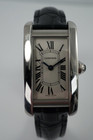 BRAND:                           Cartier
MODEL:                           Tank Americaine
CASE MATERIAL:            Stainless steel 
CASE MEASURES:          19 x 35 mm
MOVEMENT:                     Quartz
FUNCTIONS:                    Time
CONDITION:                     Very good
See it in our eBay store.
A fine preowned Cartier Tank Americaine reference 3970 in stainless steel, crafted circa 2020.  Classic minimal style with the white dial in stainless steel case and black leather strap that would suit a variety of occasions. Modeled on a 6 inch wrist. 

Light scratches and scuffs.
Case measures 19 x 35, 7 mm thick. 
Cartier caliber quartz movement.
Serial# 1049xxxX
Carter black alligator strap (85% condition).
Cartier steel deployment buckle.
13 mm between lugs.
