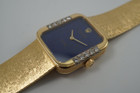 A fine vintage Rolex bracelet watch reference 4628 in 18k yellow gold, crafted circa 1985. A beautiful accessory featuring a gorgeous lapis dial with hints of pyrite peeking through radiates vividly in the light, and flanked by diamonds meticulously set on white gold seamlessly transfiguring into the yellow gold. Its 5.5mm rectangular profile provides an overall lightweight feel and the bracelet drapes the wrist comfortably. Suitable for all dress occasions. Modeled on 6 inch wrist.

Light scratches.
Original factory lapis dial, hands and crown.
Factory diamond set.
Case measures 23 x 25 mm, 5.5 mm thick. 
Rolex cal. 1601, 19 jewels mechanical winding.
Serial# 8833xxx Case# 793877
Sapphire crystal. 
Rolex bracelet fits 6 3/4 inches or 17.5cm, approximately.
15mm taper.
Weight 57.8 grams.