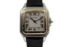 A fine Cartier Panthere reference 1100 in 18k yellow gold and stainless steel, crafted circa 1995. An everyday accessory that would suit a variety of occasions with its non-overpowering square satin finish steel case offset with polished gold bezel. Featuring the signature silvered grain dial with black Roman numerals, blued sword-shaped hands and date aperture located 5 o’clock position, and octagonal blue sapphire cabochon. The 6mm profile and deployment buckle allows this piece to wear comfortably on the wrist.  

Light scratches. 
Original box and papers.
Original dial, hands and crown. 
Case measures 27 x 36mm, 6mm thick.
Cartier quartz movement. 
Serial# C922xx
Sapphire crystal.
New non-Cartier black lizard adjustable strap.
Cartier steel deployment buckle.
15mm lug width.
Modeled on 6 inch wrist.