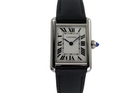 A fine Cartier Tank Must reference WSTA0042 in stainless steel, produced in 2023. A complete set with boxes and card, this enduring accessory from Cartier’s iterations of Tank models features the standard silvered dial, secret Cartier logo at 10 o’clock, black Roman numerals and chemin de fer, blued-steel sword-shaped hands and elongated blue spinel cabochon beaded crown. Classic and simple configuration of steel case and black leather strap will suit a variety of occasions with a comfort fit. 

Minimal scratches. 
Original dial, hands and crown. 
Case measures 22 x 30mm, 7mm thick.
Serial# 4322361xxxX
16 mm lug width. 
Cartier black leather strap (95% condition approximate). 
Cartier steel tang buckle.
16mm lug width.
Modeled on a 6 inch wrist.