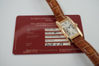 A fine preowned Cartier Tank Americaine with Cartier card, crafted circa 2018. This Tank model from Cartier may not be as popular as its other variants, we think this particular configuration of the petite albeit beefy rectangular 19 mm rose gold polished and brushed finish case paired with the saddle colored crocodile strap create a fetching accessory, notably so with the guilloche dial backdrop to the standard black Roman numeral hours with an inconspicuous Cartier signature at 7 o’clock, inner chemin de fer minute track and blued-steel sword-shaped hands, topped with a faceted gold and blue sapphire crown. The slightly elevated 6.5 profile adds more impact to the wrist, for that carefree wear that is suitable for a variety of occasions.