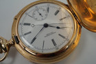 A very nice antique Patek Philippe Chronograph for Jacques & Marcus New York, in 18k yellow gold crafted circa 1885-1890. Case is signed Jacques & Marcus N.Y. serial number 80395, the same number matches the Patek signed movement number. White enamel dial with black Roman numeral hour markers and outer minute track, blued-steel spade-like hands, and subsidiary seconds. Hinges are tight, this substantially weighted watch has been well cared for, making it a beautiful collector's piece.


Original dial and hands.
Watch weighs 129.5 grams.
Case measures 50 mm, 15 mm thick.
Mineral glass crystal.
Patek Philippe Geneva nickeled highly jeweled stem wind movement. 
Movement runs strong and functions properly. We do not know of its service history.