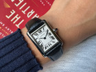 A fine Cartier Tank Must reference 4322 in stainless steel, crafted during the 2020s. A classic and popular rectangular model currently offered for retail at Cartier, measures 22 mm across and 7 mm thick, with an extended blue cabochon beaded crown. Features a silvered dial with black Roman numeral hours with tiny Cartier logo at 10 o’clock and inner minute track, and blue-steeled sword-shaped hands. Paired with its original black leather strap and steel buckle. Perfect little accessory for casual attire.