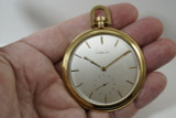 A gorgeous and rare Gubelin pocket watch in 18k yellow gold, produced during the 1960s. The case is large and beautifully minimal, feels substantial on in the hand.

Jaeger hallmarks caliber, highly jeweled mechanical wind movement.