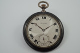 A fine antique Movado pocket watch in .900 silver, crafted circa 1910-20. A fantastic rare find of an early Movado pocket watch  featuring Niello flat black accented case with unidentified gold colored initials on case back, and its movement pristine for its age and usage. Will need cleaning, and possible servicing.

Modeled on size 6 inch wrist.

Case marked Movado with Swiss hallmarks.
Small dent at 6:00 position.
Balance wheel swings.
Original glass crystal, dial, hands and crown. 
Case measures 48.5 mm.
Movado cal., 15 jewels 4 adjustments.
Serial# 0623103