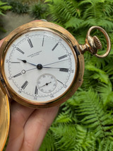 A very nice antique Patek Philippe Chronograph for Jacques & Marcus New York, in 18k yellow gold crafted circa 1885-1890. Case is signed Jacques & Marcus N.Y. serial number 80395, the same number matches the Patek signed movement number. White enamel dial with black Roman numeral hour markers and outer minute track, blued-steel spade-like hands, and subsidiary seconds. Hinges are tight, this substantially weighted watch has been well cared for, making it a beautiful collector's piece.


Original dial and hands.
Watch weighs 129.5 grams.
Case measures 50 mm, 15 mm thick.
Mineral glass crystal.
Patek Philippe Geneva nickeled highly jeweled stem wind movement. 
Movement runs strong and functions properly. We do not know of its service history.