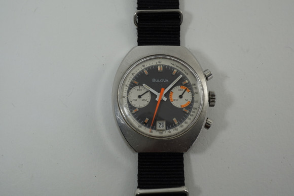 Bulova 'D', 909 Swiss Chronograph stainless  steel funky dates 1970's vintage original pre owned for sale houston fabsuisse