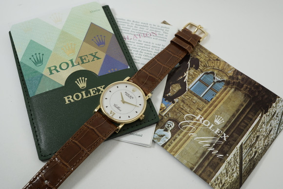 Rolex 5115 Cellini w/ box, papers & booklets 18k yellow gold dates 2007 original modern pre owned for sale houston fabsuisse