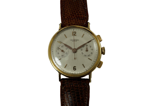 Universal Geneve Uni-Compax Chronograph 18k yellow gold dates 1950's vintage pre owned for sale houston fabsuisse